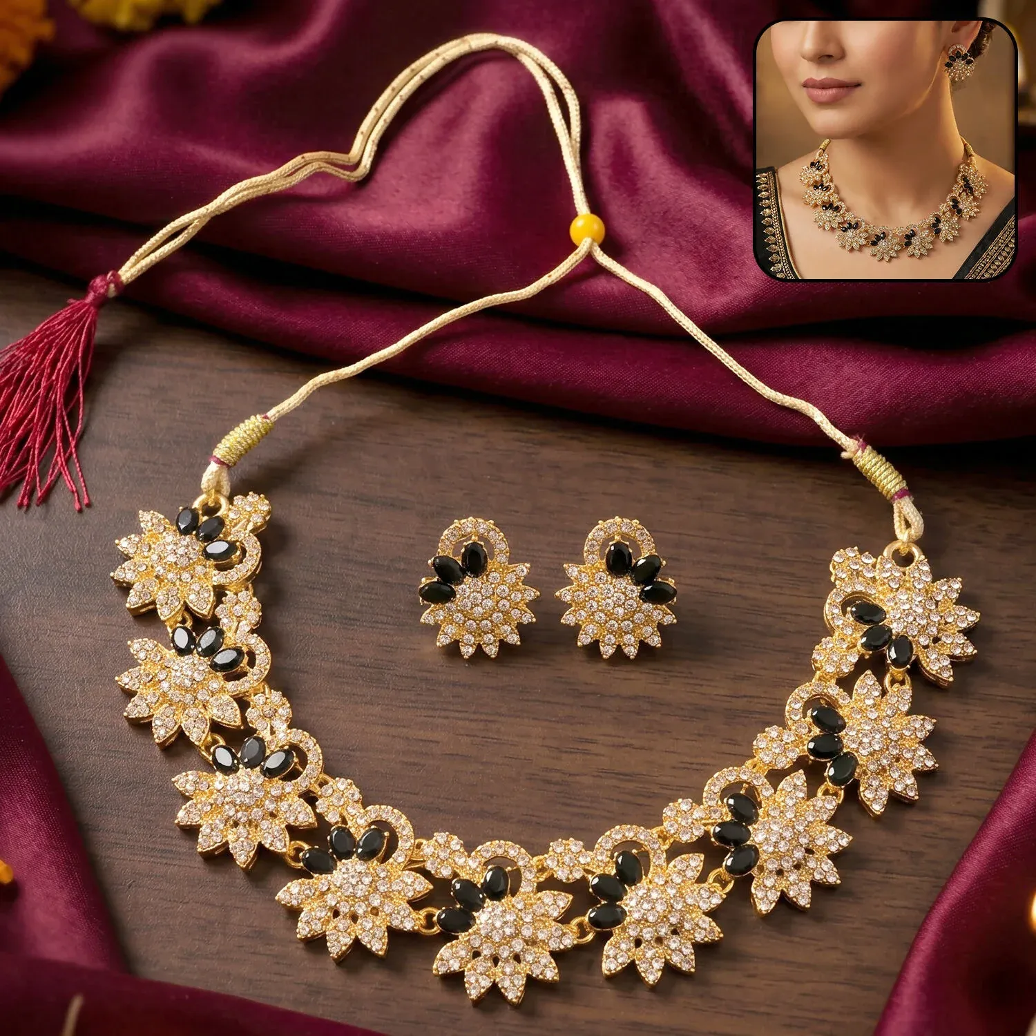 Premium Black Stones Floral Necklace & Earrings Set – Elegant & Timeless - Buy Online at Alikart