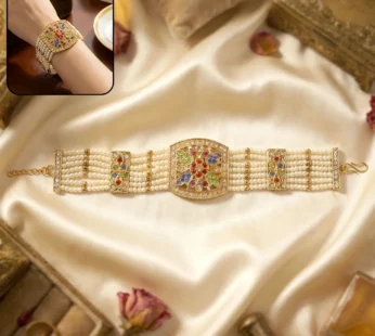 Traditional Pearl Bracelet – Intricate Gold Design & Vibrant Stones
