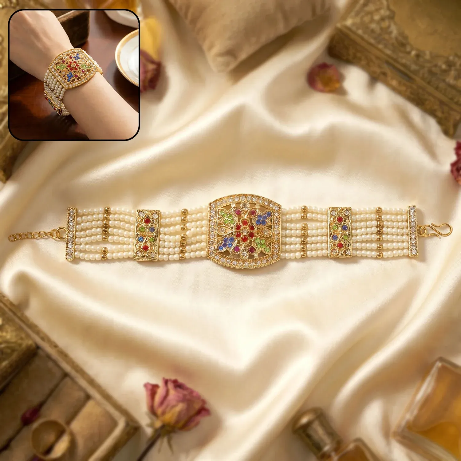 Premium Traditional Pearl Bracelet – Intricate Gold Design & Vibrant Stones - Buy Online at Alikart