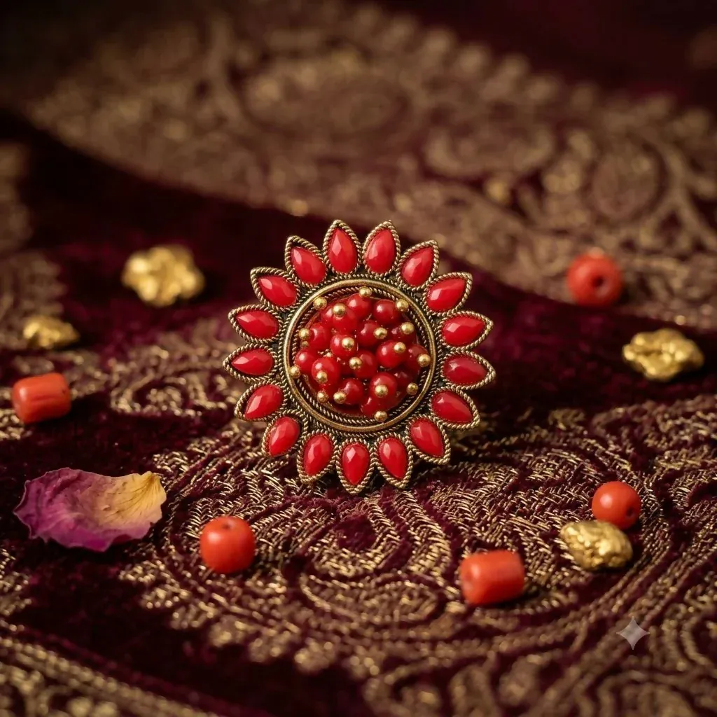 Elegant Red Floral Statement Ring for Women | Vintage Gold Finish - Detailed Feature View 2