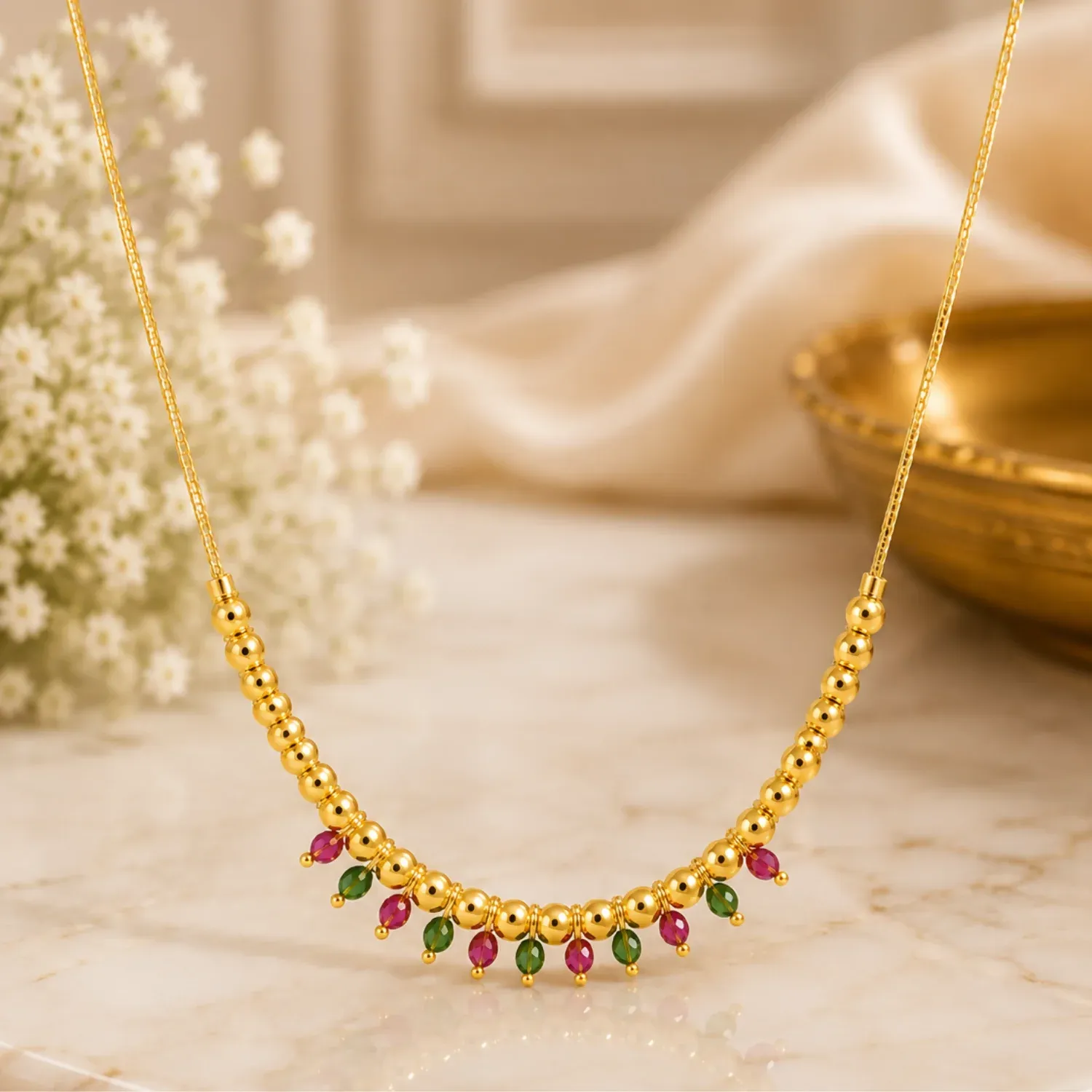 Traditional Gold Tone Beaded Necklace with Multicolor Drop Charms f... - Detailed Feature View 2