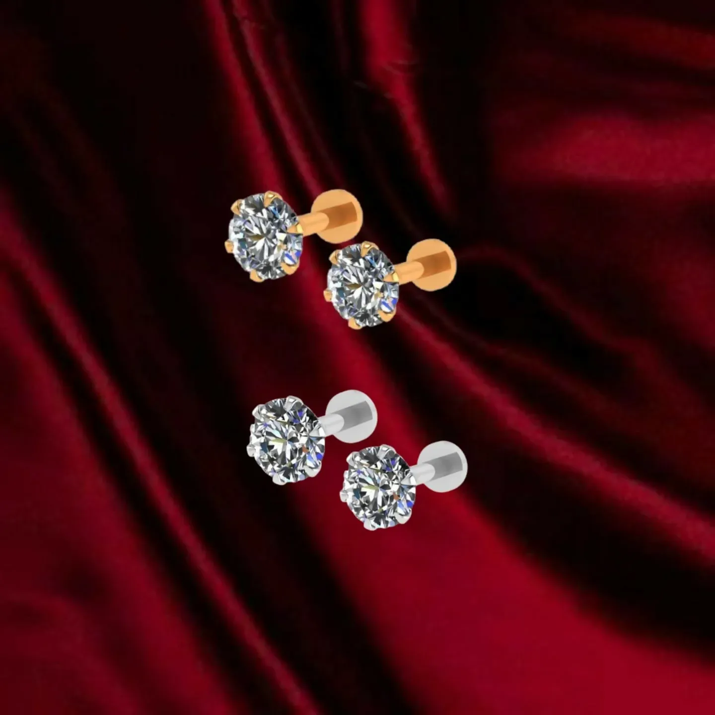 Silver Plated AD Solitaire Flat Back Stud Earrings Combo Pack - Detailed Feature View 1