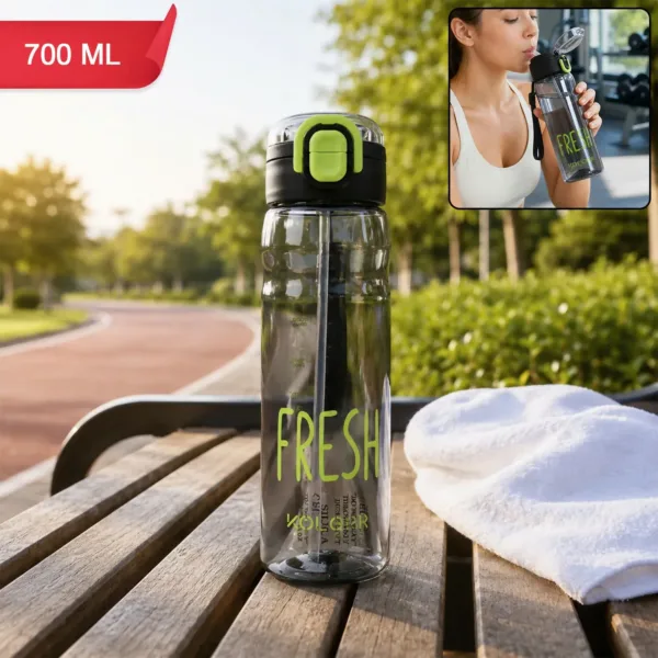 KOLORR Leakproof Sports Water Bottle with Straw & Carry Loop Black (700ML)