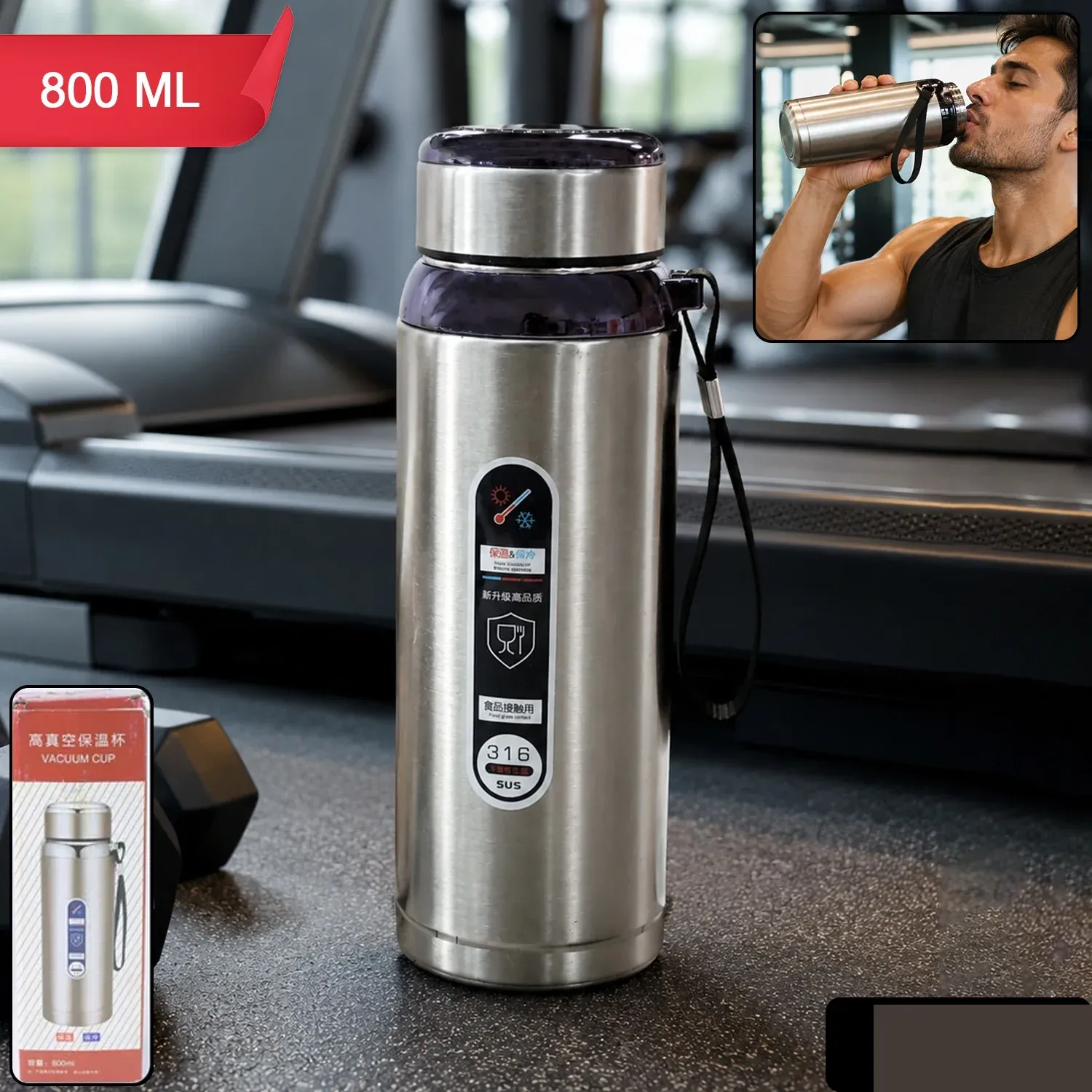 Gym Water Bottle 800ml Stainless Steel Insulated Leakproof Vacuum Flask (1 Pc) - Detailed Feature View 1