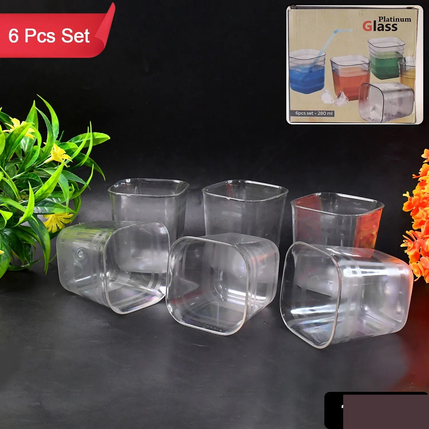 Transparent Diamond Plastic Glass Set – 6 Pieces with Tray - Detailed Feature View 1