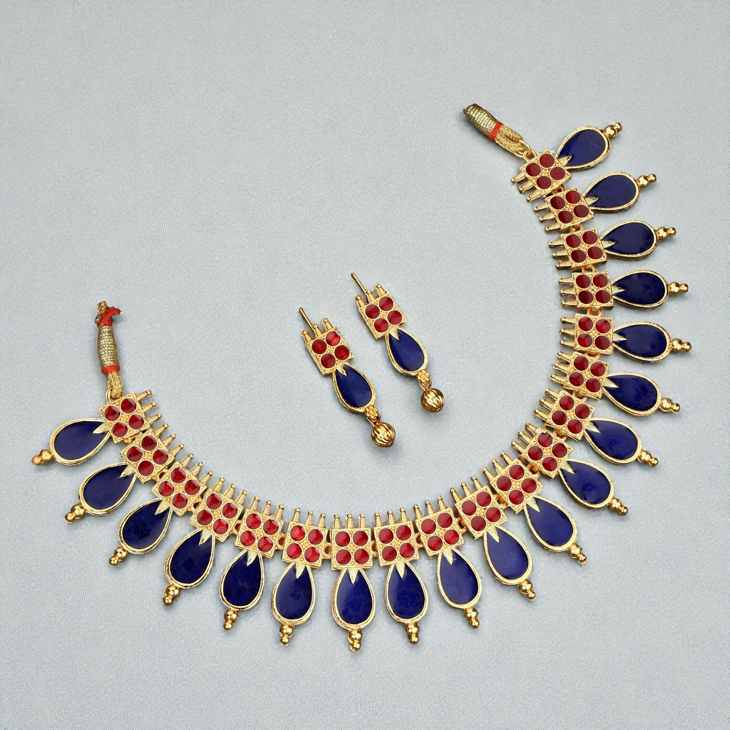 Gold-Tone Lotus Choker Set – Traditional Blue-Maroon Enamel Design - Detailed Feature View 2