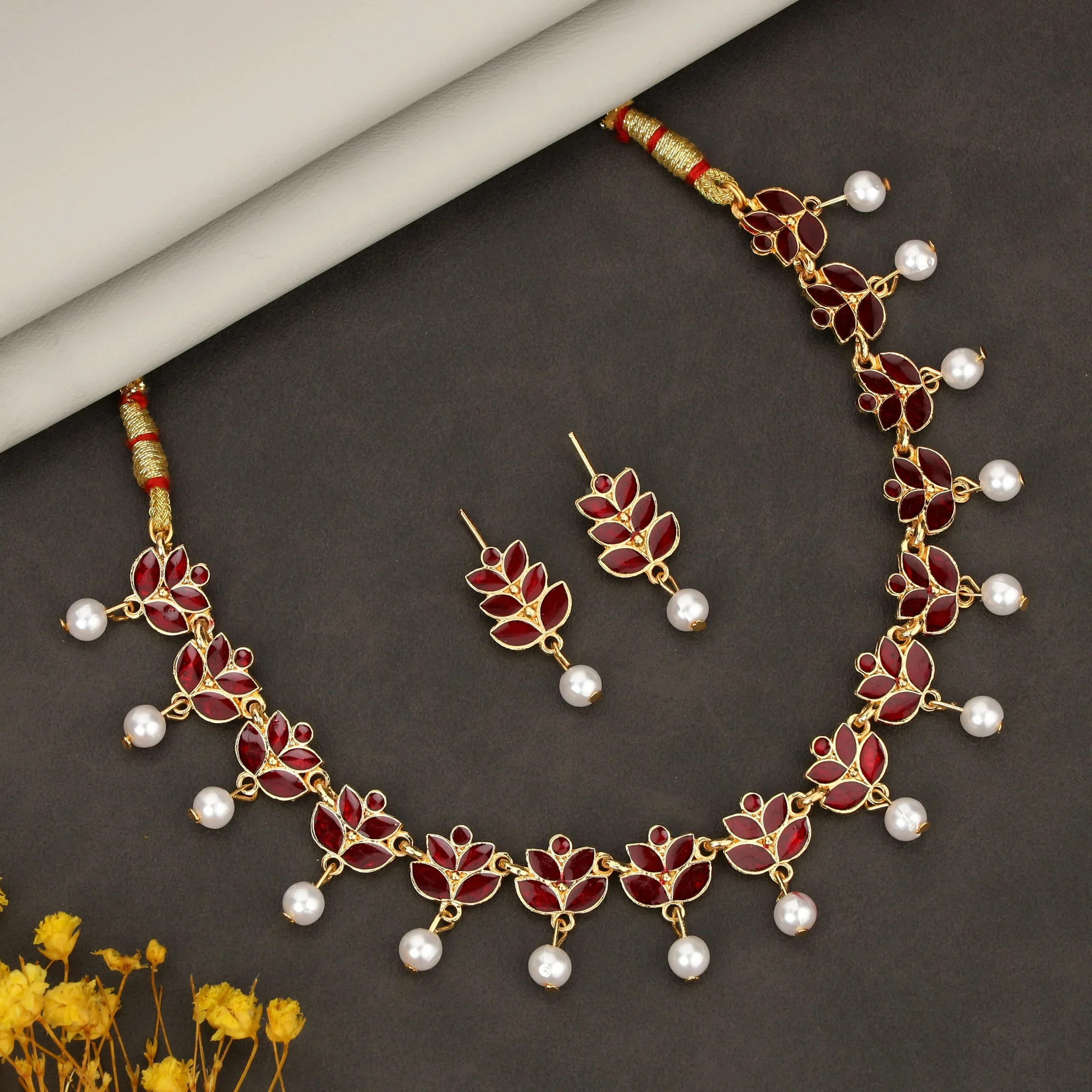 Premium Gold-Tone Matte Leaf Motif Choker with Faux Pearls – Elegant Design - Buy Online at Alikart