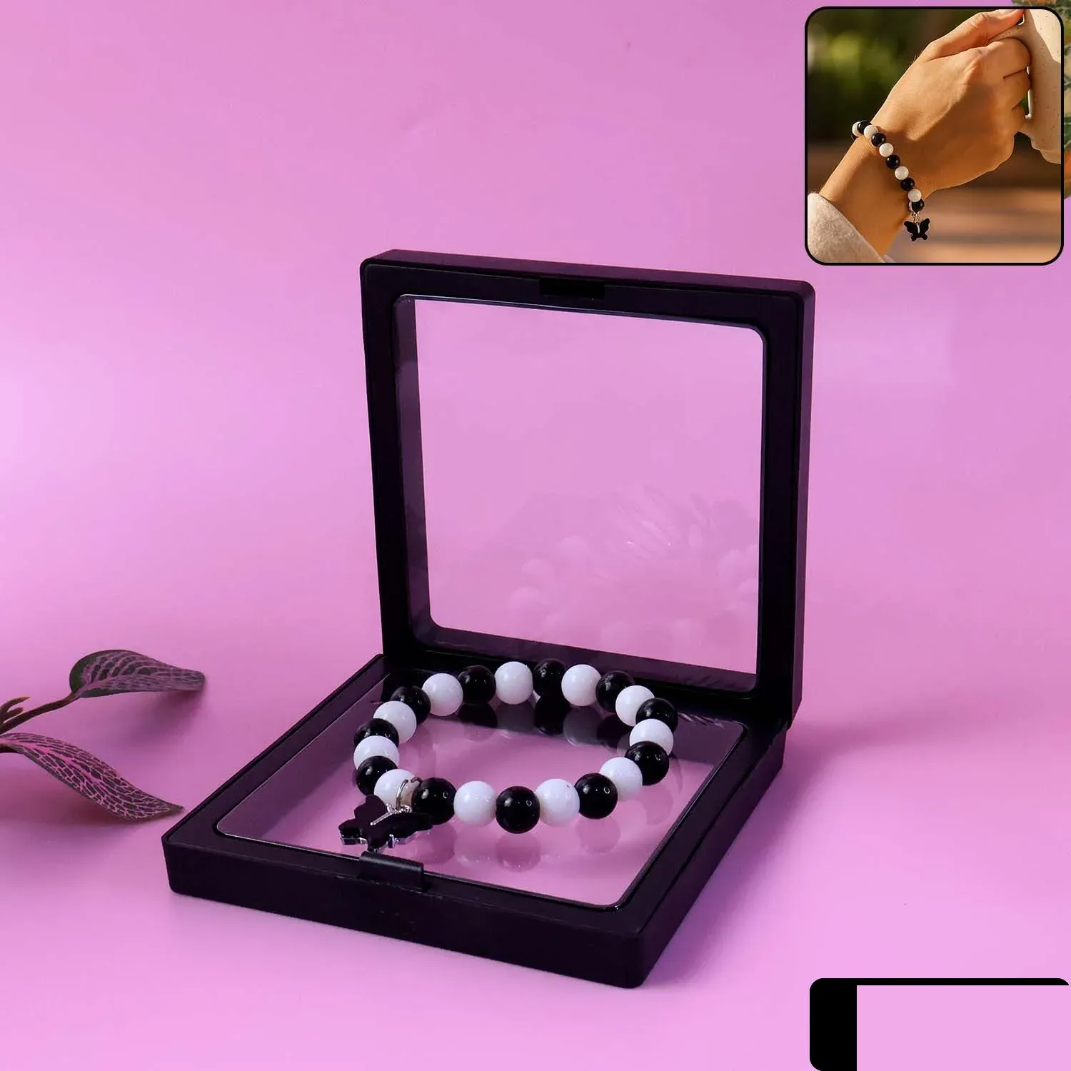 Black & White Beaded Bracelet with Cross Pendant – Elegant Style - Detailed Feature View 1
