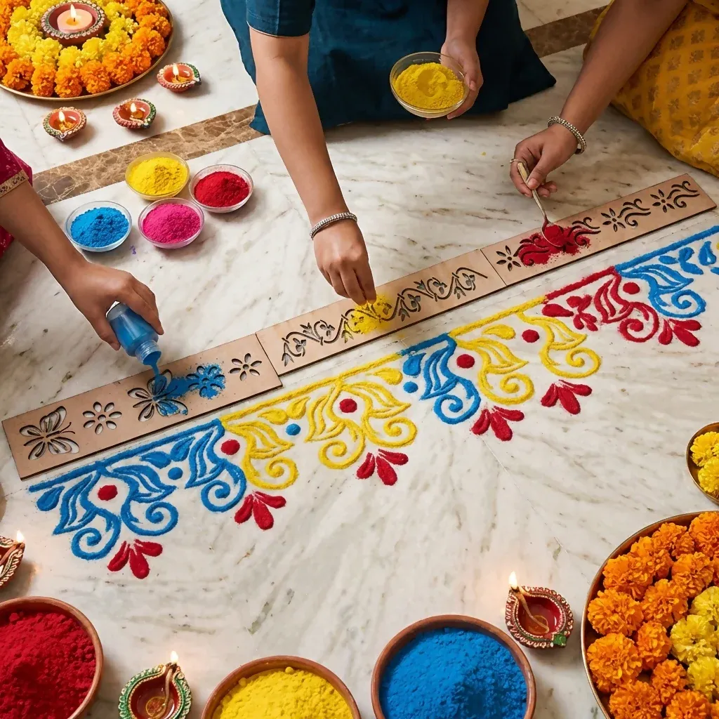 Wooden Rangoli Border Stencils – 3 Reusable Umbra Patti Designs - Detailed Feature View 2