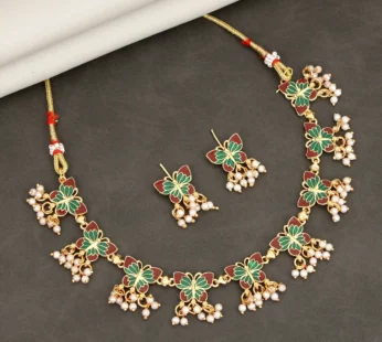 Butterfly Necklace Set – Gold-Plated Maroon & Green Enamel with Pearls