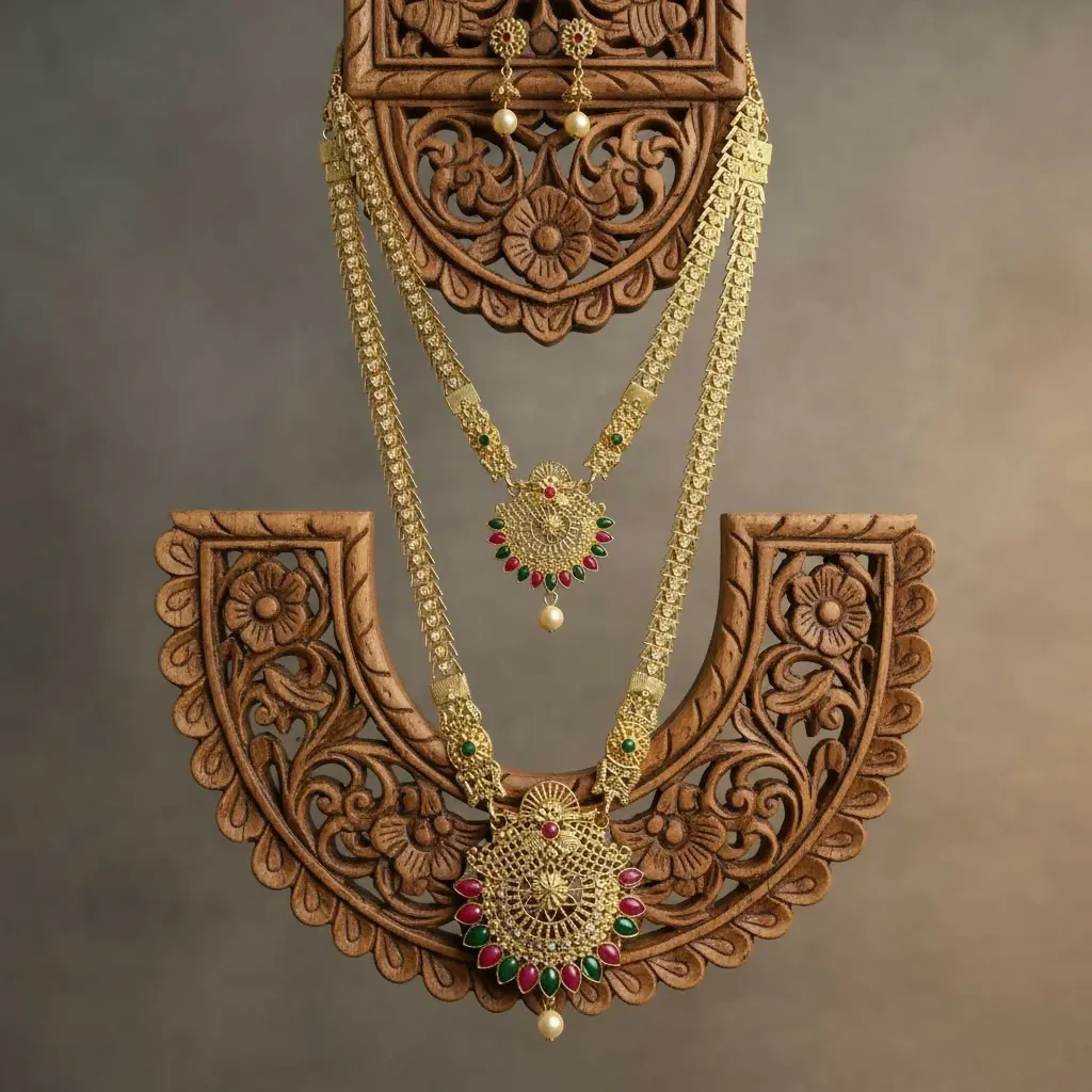 Premium Traditional Gold Plated Long Necklace Set for Women with Earrings Elegant Jewellery - Buy Online at Alikart