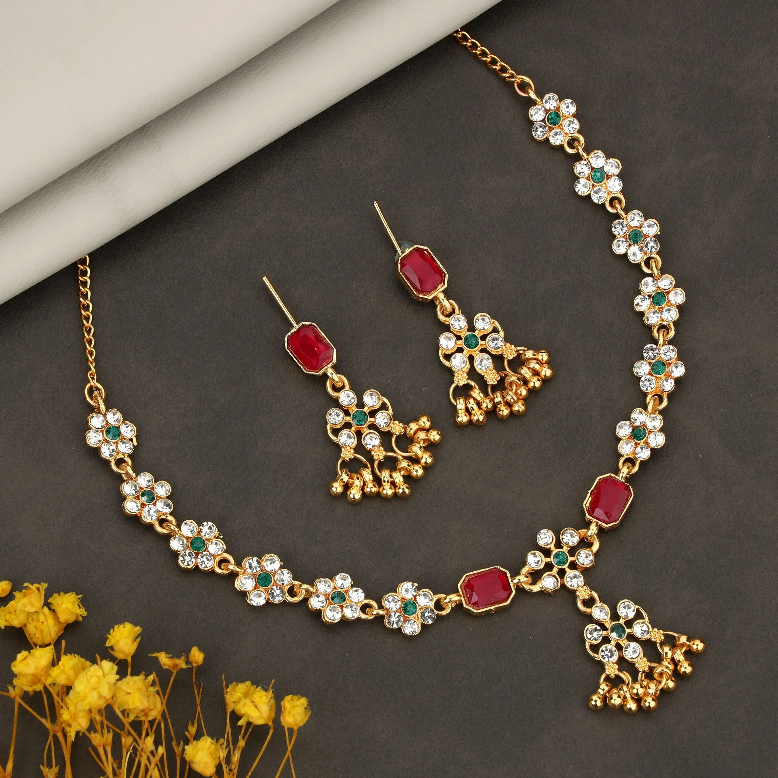 Premium Ruby Red Crystal Heart Necklace Set – Romantic Rose Gold Finish - Buy Online at Alikart