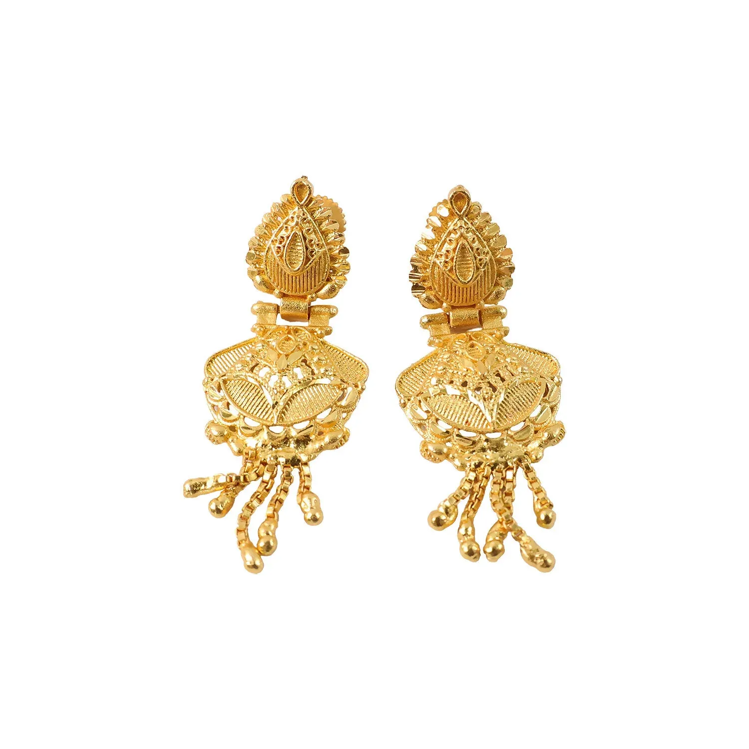 Gold Dangle Earrings – Festive Intricate Carved Design - Detailed Feature View 4