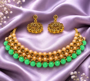 Mint Green Beaded Kundan Choker Necklace Set with Pearl Detailing for Women