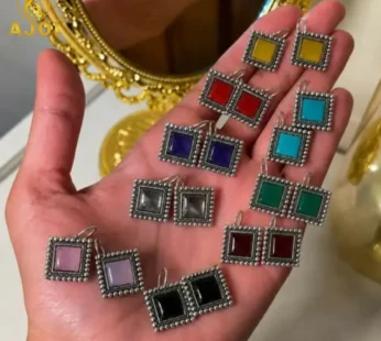 Premium Oxidised Silver-Plated Square Stone Drop Earrings Set of 9