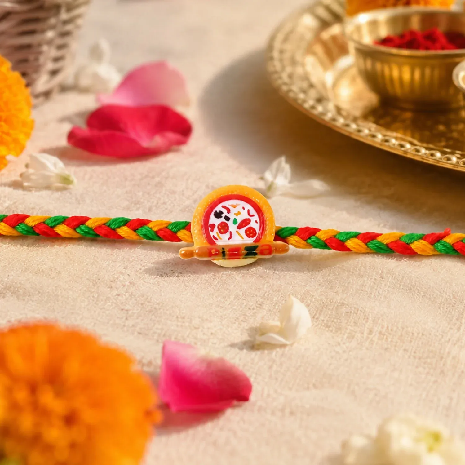 Kids Rakhi – Fun Multicolor Thread with Pizza Charm for Brother - Detailed Feature View 3