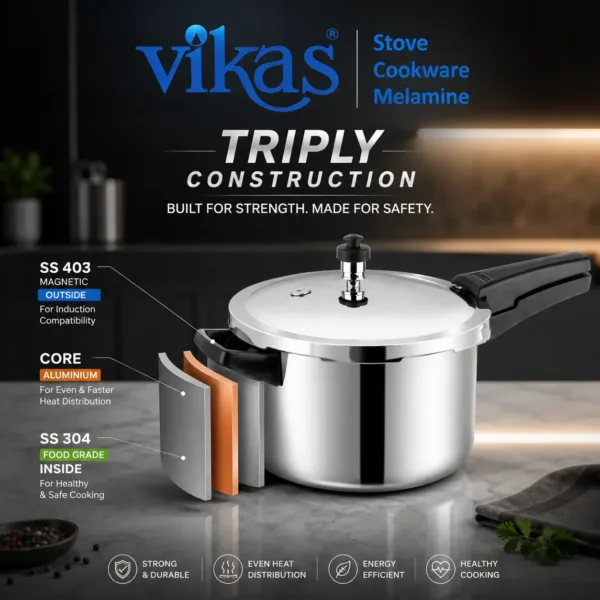 Vikas Nexus Triply Pressure Cooker With Safety Valve Bakelite Handle And Whistle