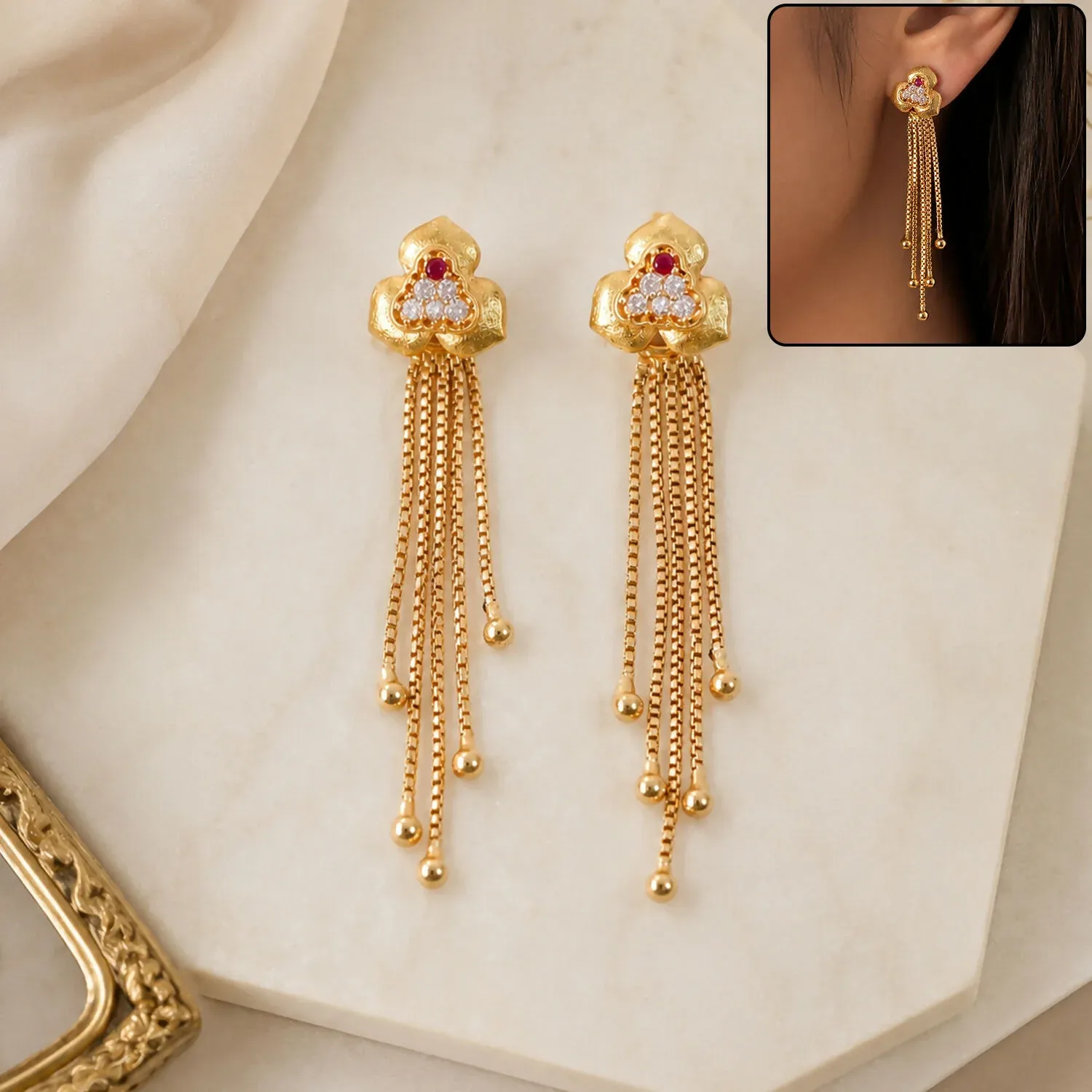 Elegant Gold-Plated Floral Dangle Earrings with White Zircons & Ruby Tassel Chains
