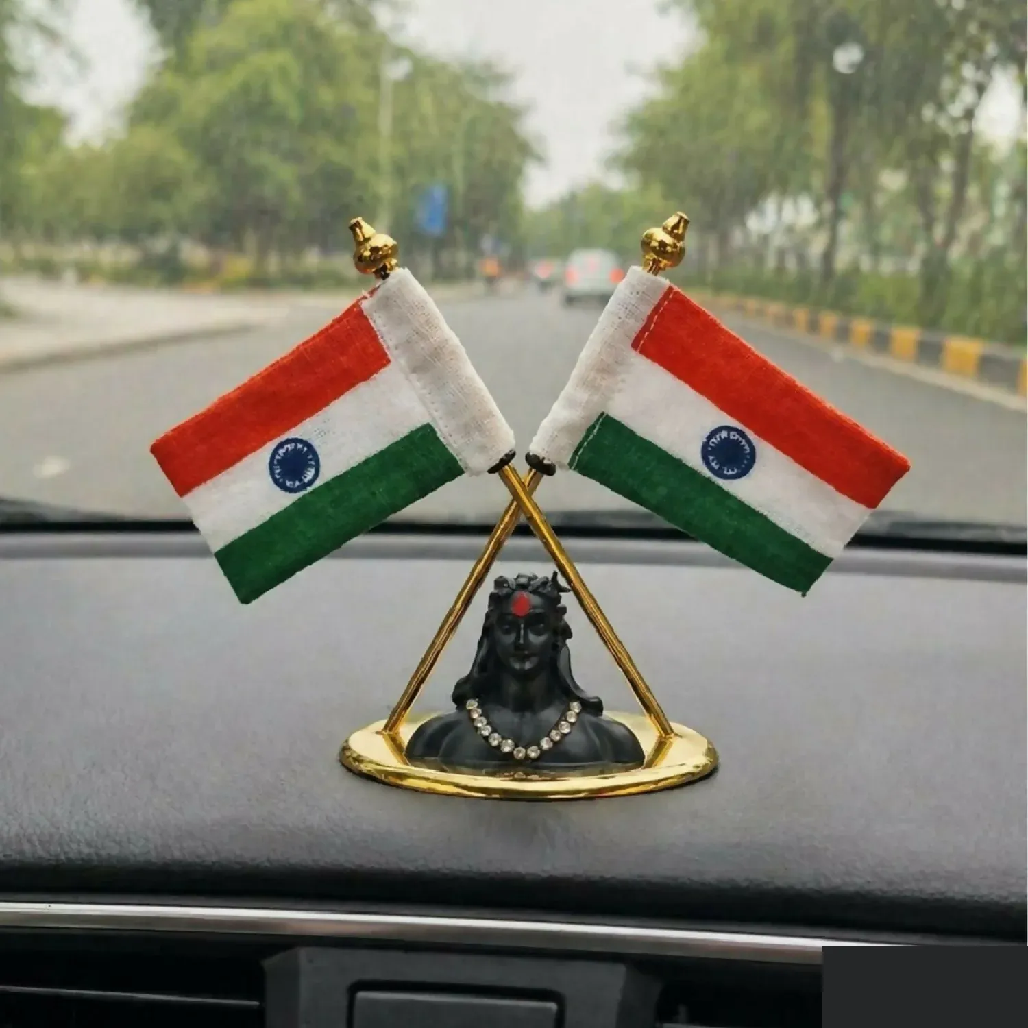 Premium Indian Flag Car Dashboard Decor – Dual Flags & Shiva Idol for Devotion - Buy Online at Alikart