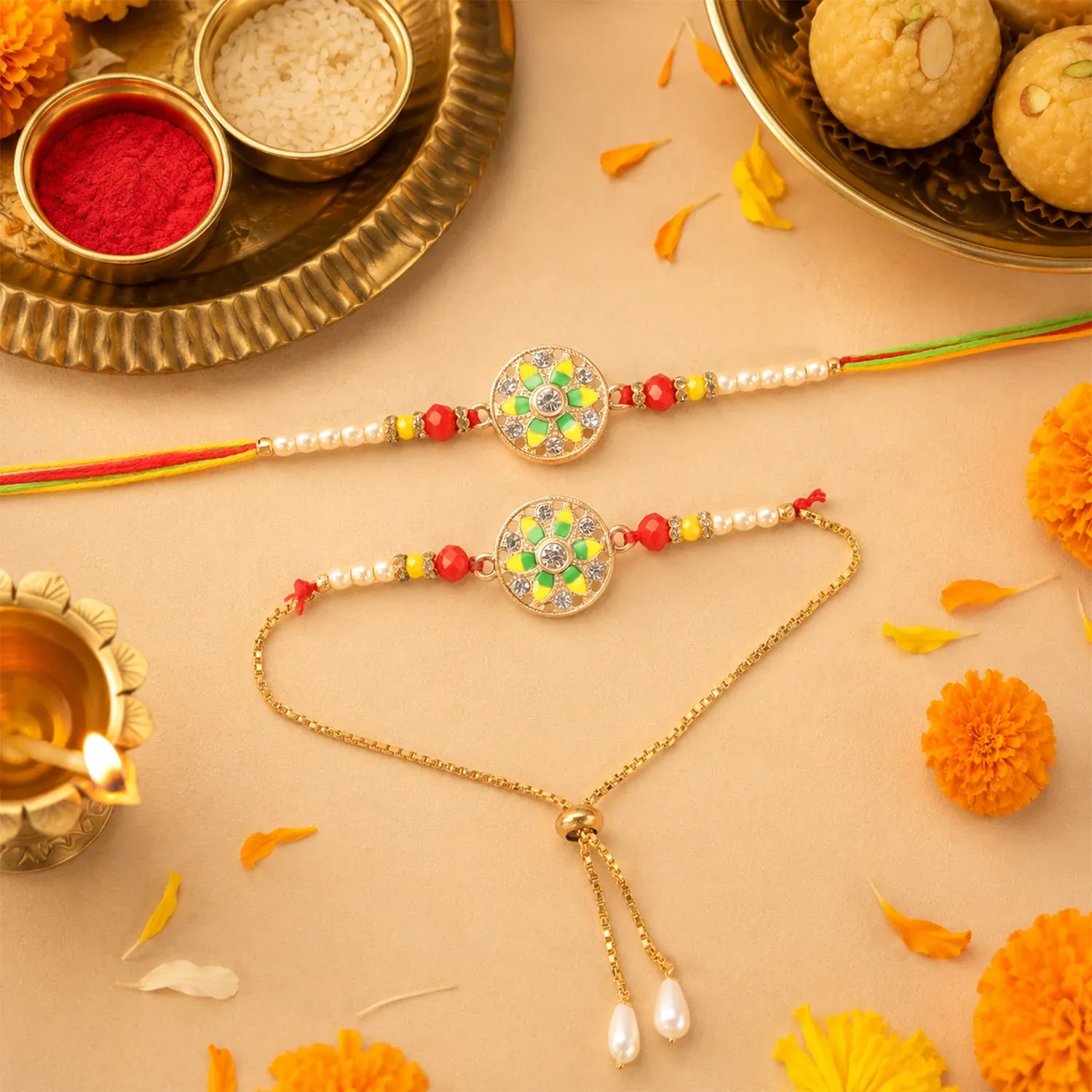 Premium Rakhi Set with Pearl Accents, Traditional & Modern Design - Buy Online at Alikart