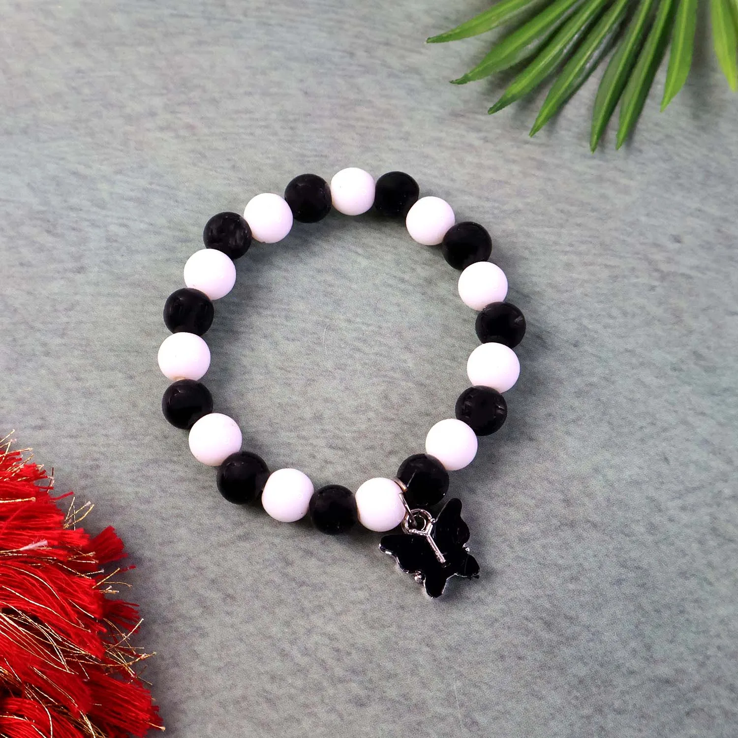 Black & White Beaded Bracelet with Cross Pendant – Elegant Style - Detailed Feature View 5