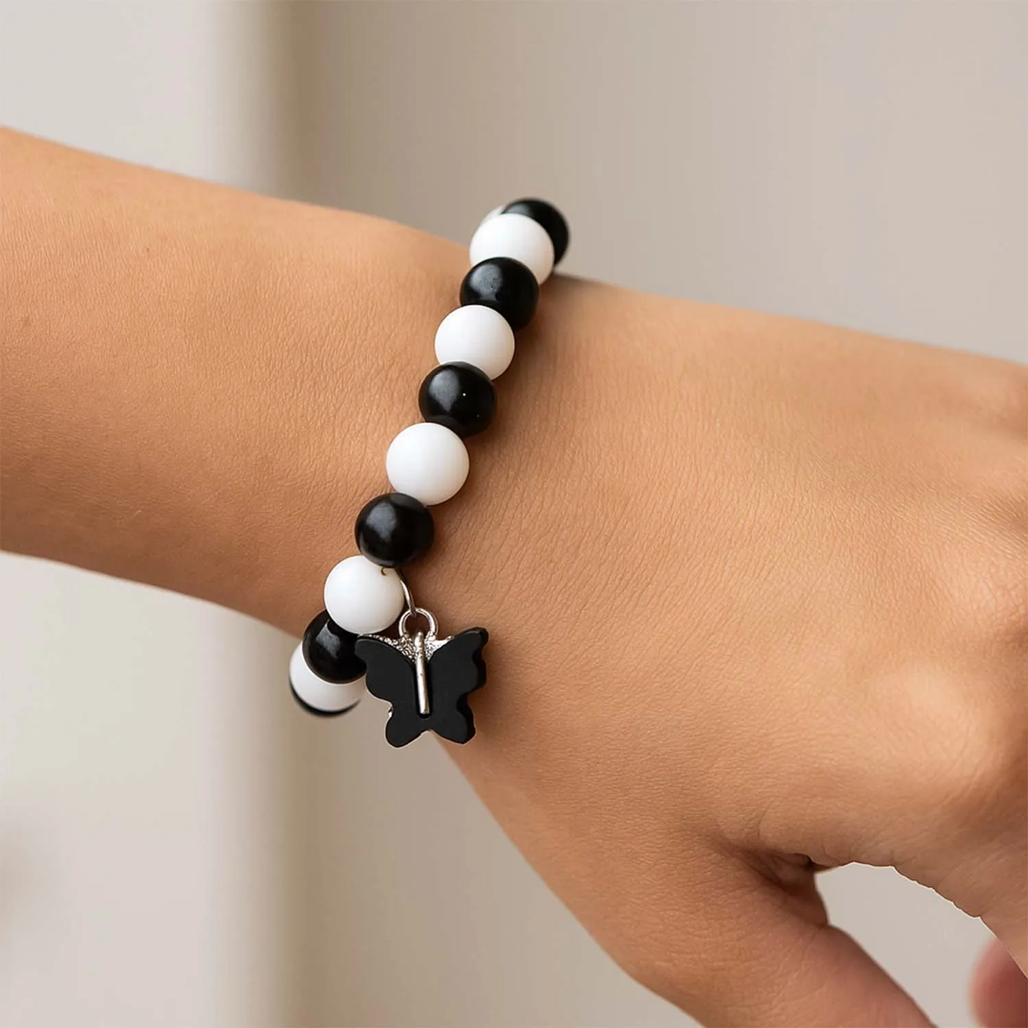 Black & White Beaded Bracelet with Cross Pendant – Elegant Style - Detailed Feature View 6