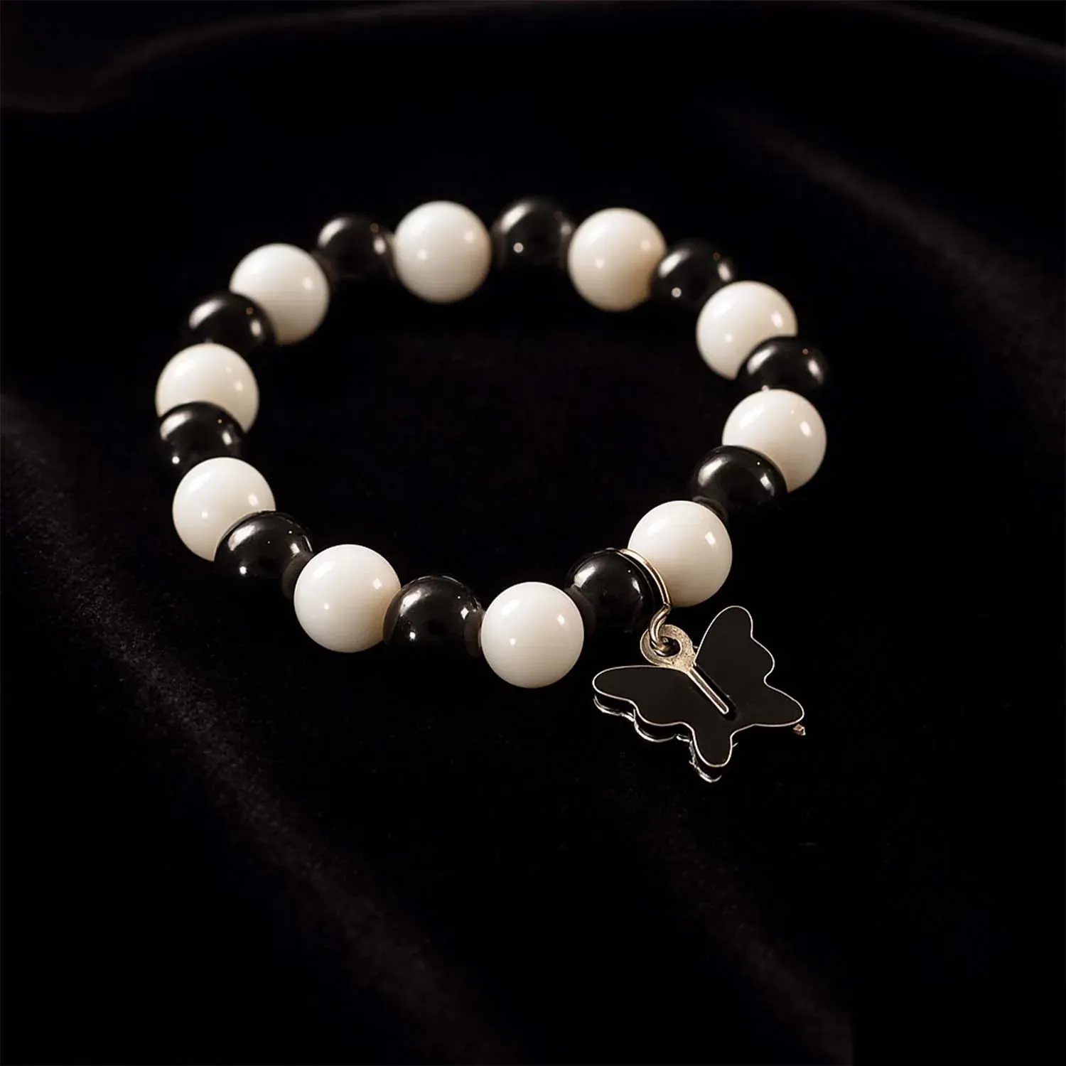 Black & White Beaded Bracelet with Cross Pendant – Elegant Style - Detailed Feature View 2