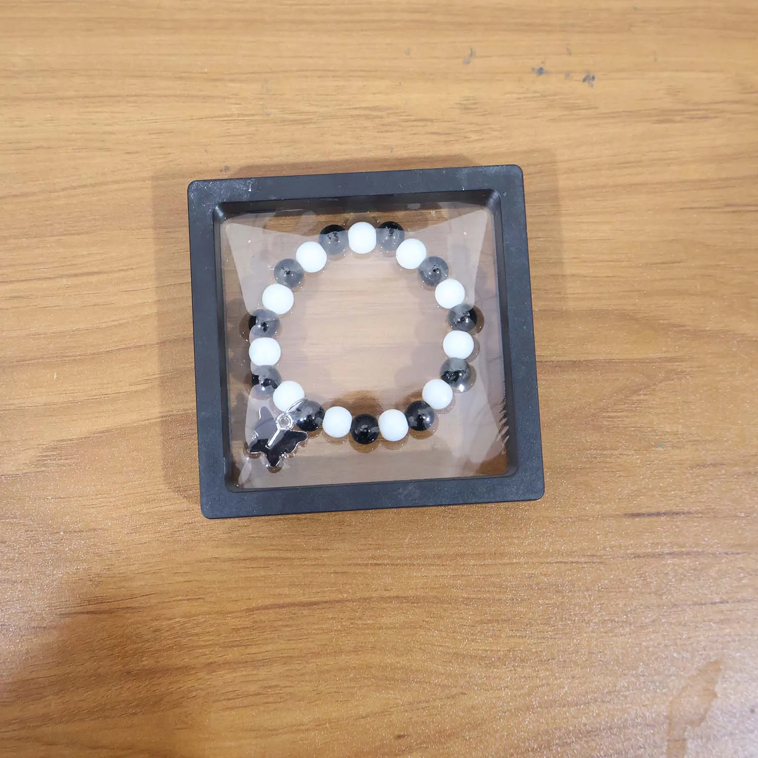 Black & White Beaded Bracelet with Cross Pendant – Elegant Style - Detailed Feature View 7