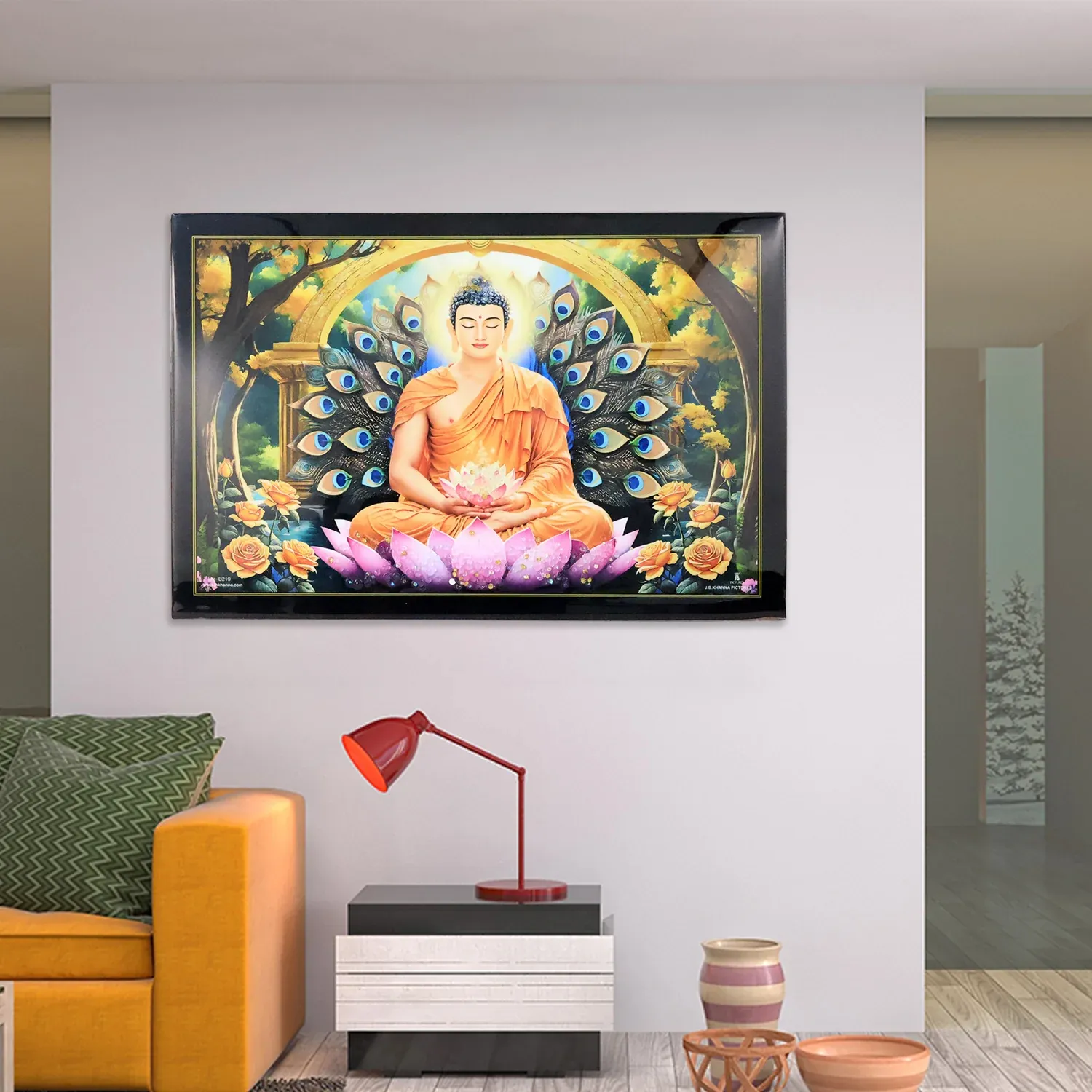 Lord Buddha Wall Painting – Spiritual Decor with Wooden Frame - Detailed Feature View 5