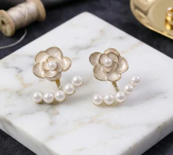 White Camellia Rose Pearl Ear Jackets – Elegant Korean Earrings