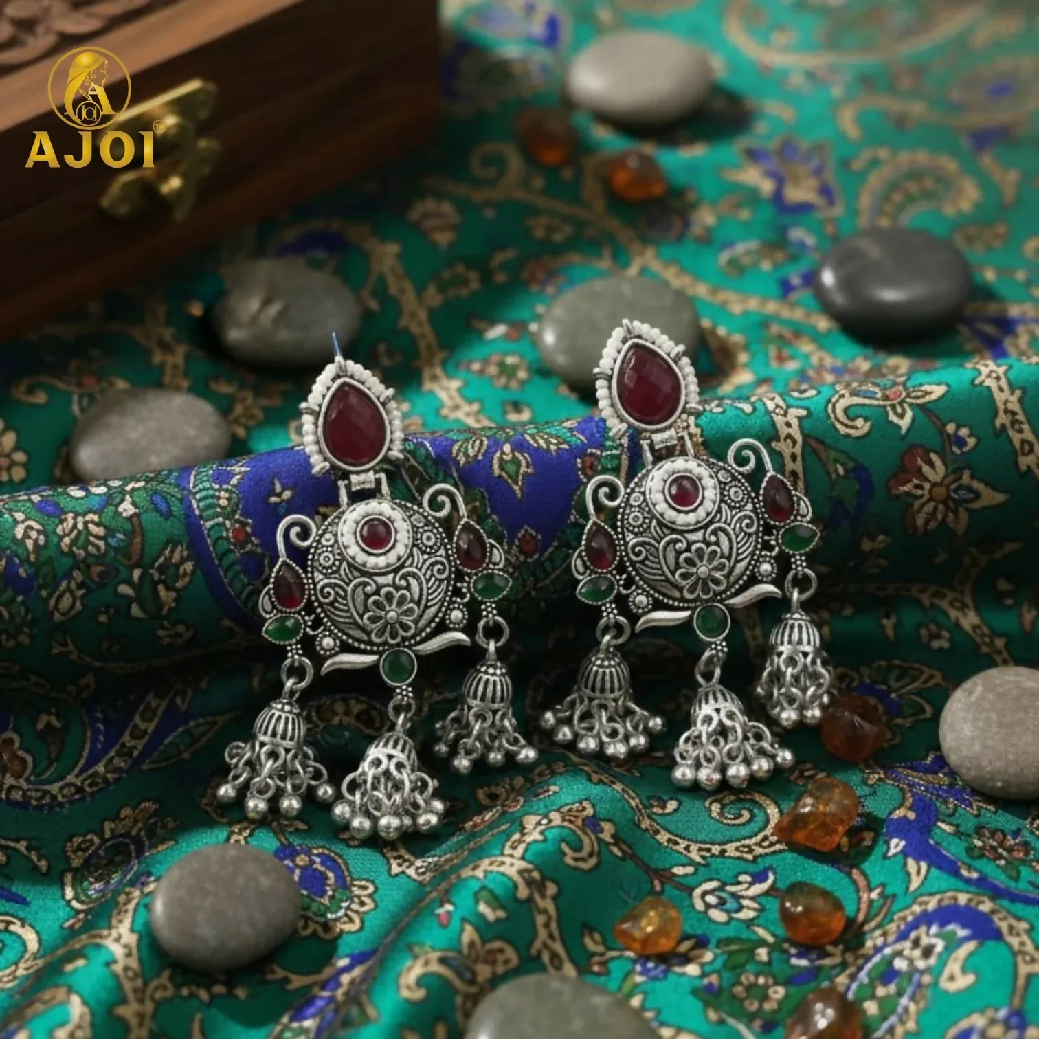 Ruby Chandbali Earrings – Ethnic Designer Jhumka with Pearls - Detailed Feature View 4