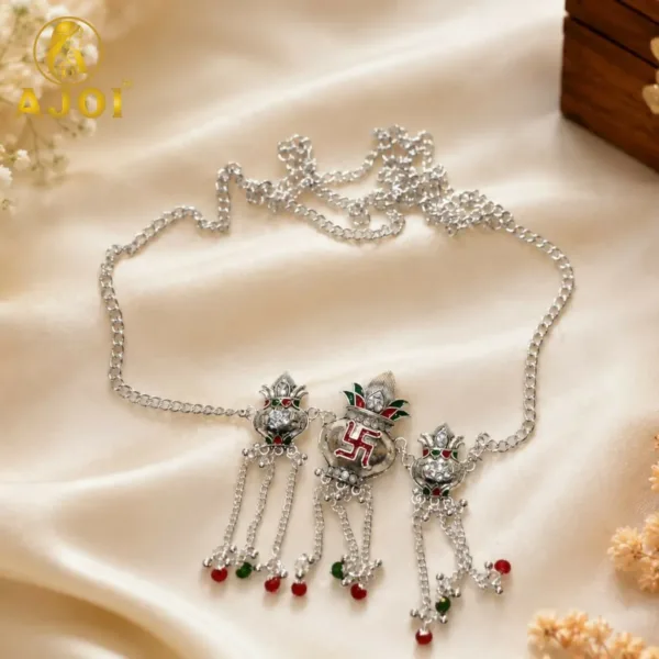 Silver-Toned Traditional Kalash & Lotus Design kamarband