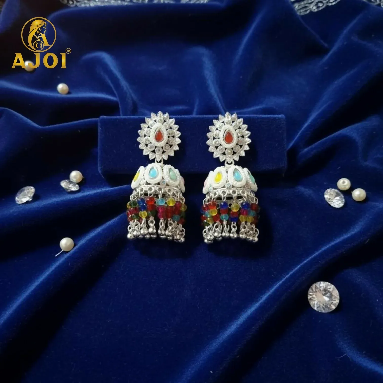 Silver Kundan Jhumka Earrings – Multicolor Tassels & Pearl Accents - Detailed Feature View 3