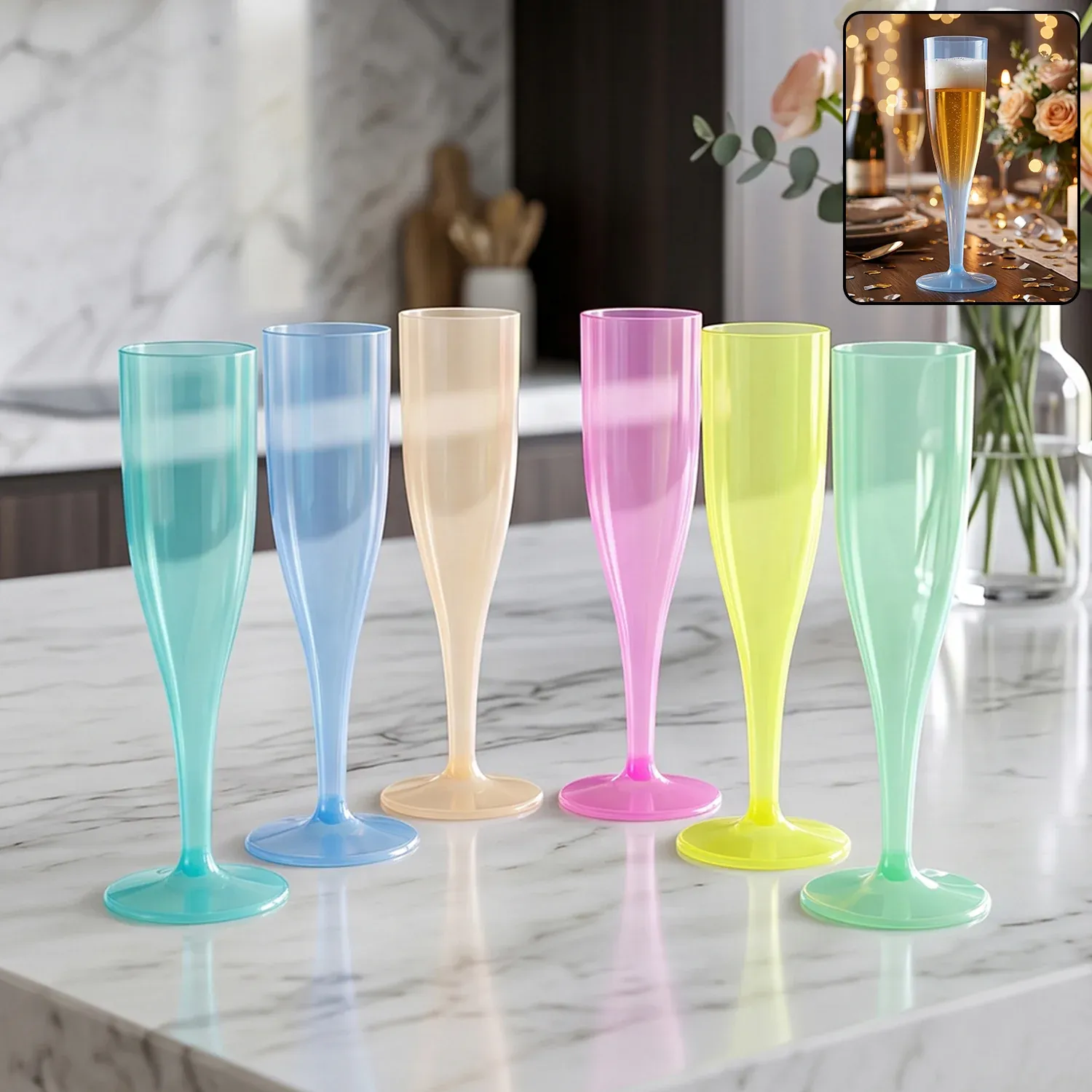 Premium Reusable Plastic Champagne Flutes Wine Glasses Set Assorted Colours (6 Pc Set) - Buy Online at Alikart