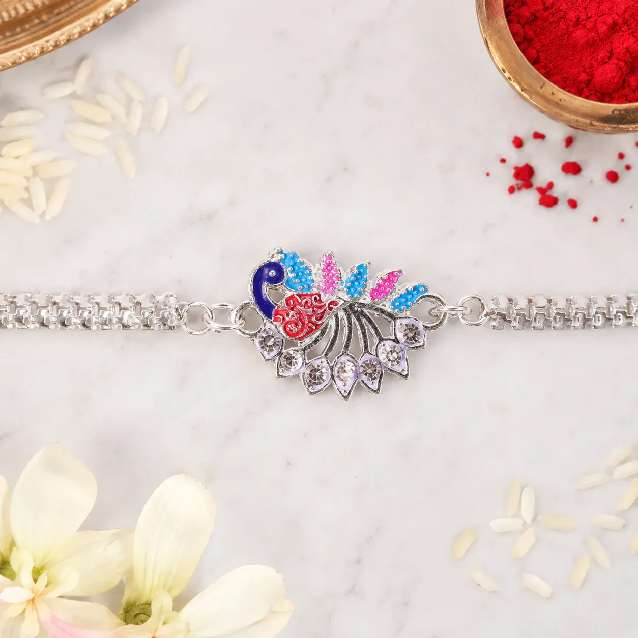 Premium Peacock Rakhi, Enamel Finish Silver-Tone Design for Raksha Bandhan - Buy Online at Alikart