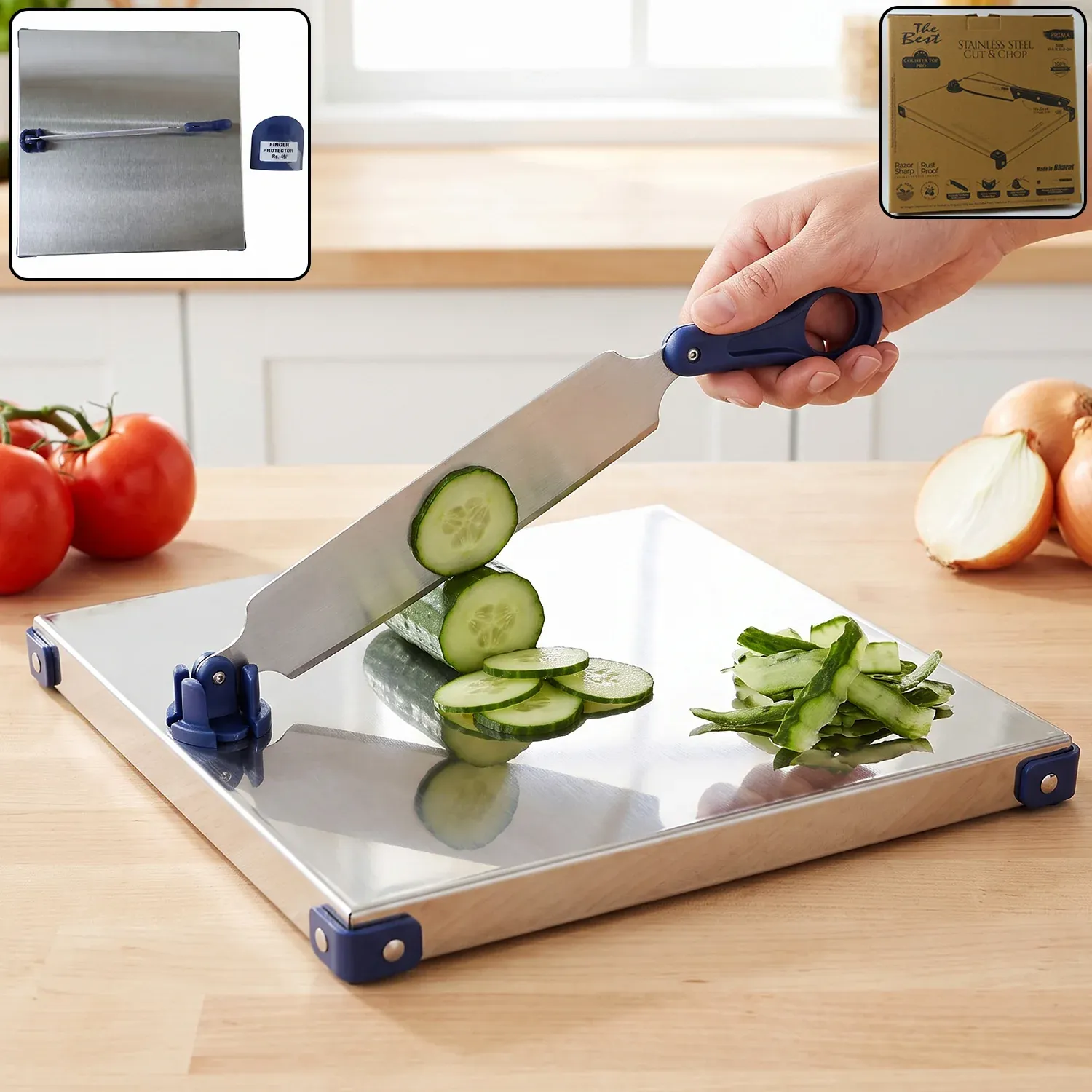 Premium Stainless Steel 2 In 1 Cutting Chopping Board with Knife Finger Gua... - Buy Online at Alikart