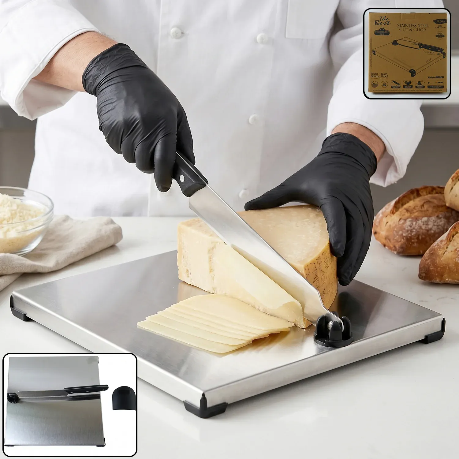 Premium Stainless Steel 2 In 1 Cutting and Chopping Board with Built In Kni... - Buy Online at Alikart