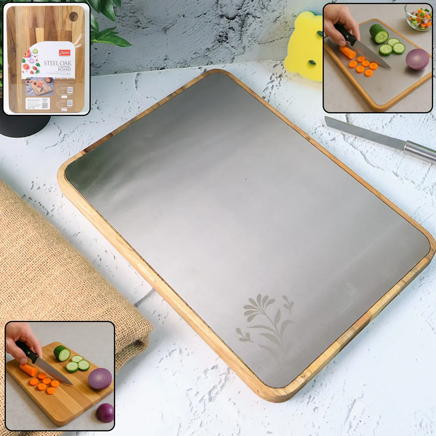 Premium Steel Oak Cutting Board – Durable 35x25 cm with Wooden Handle - Buy Online at Alikart