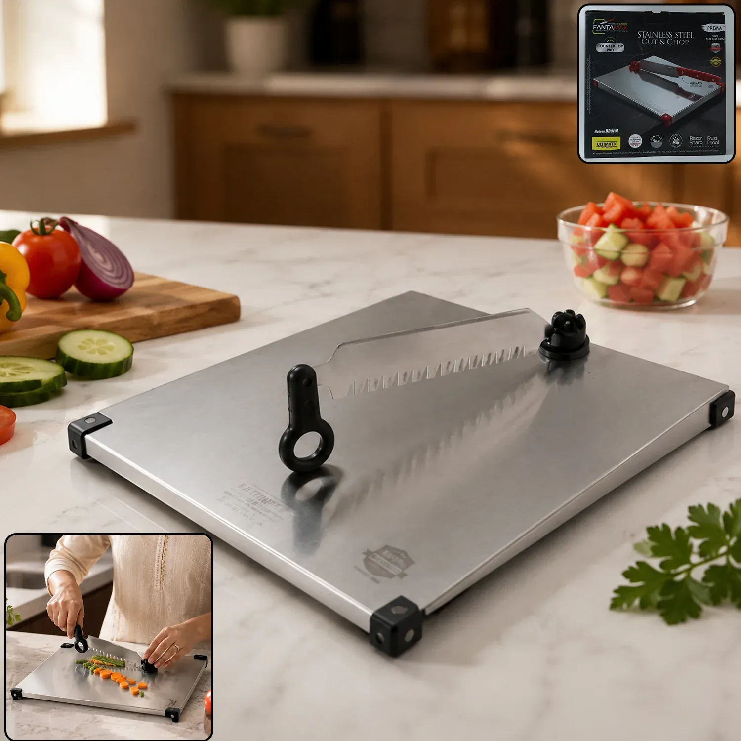 Premium Stainless Steel 2 in 1 Cutting and Chopping Board with Knife for Ki... - Buy Online at Alikart