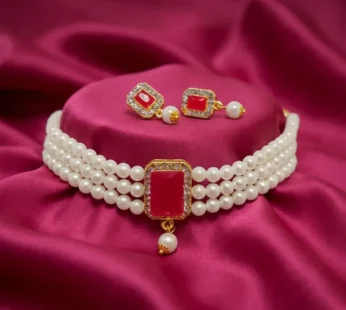 Classic Ruby Red Pearl Choker Necklace Set for Women with Matching Earrings