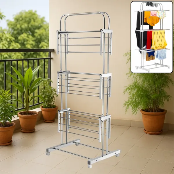 Stainless Steel Clothes Drying Stand – Foldable 3-Layer Rack with Wheels