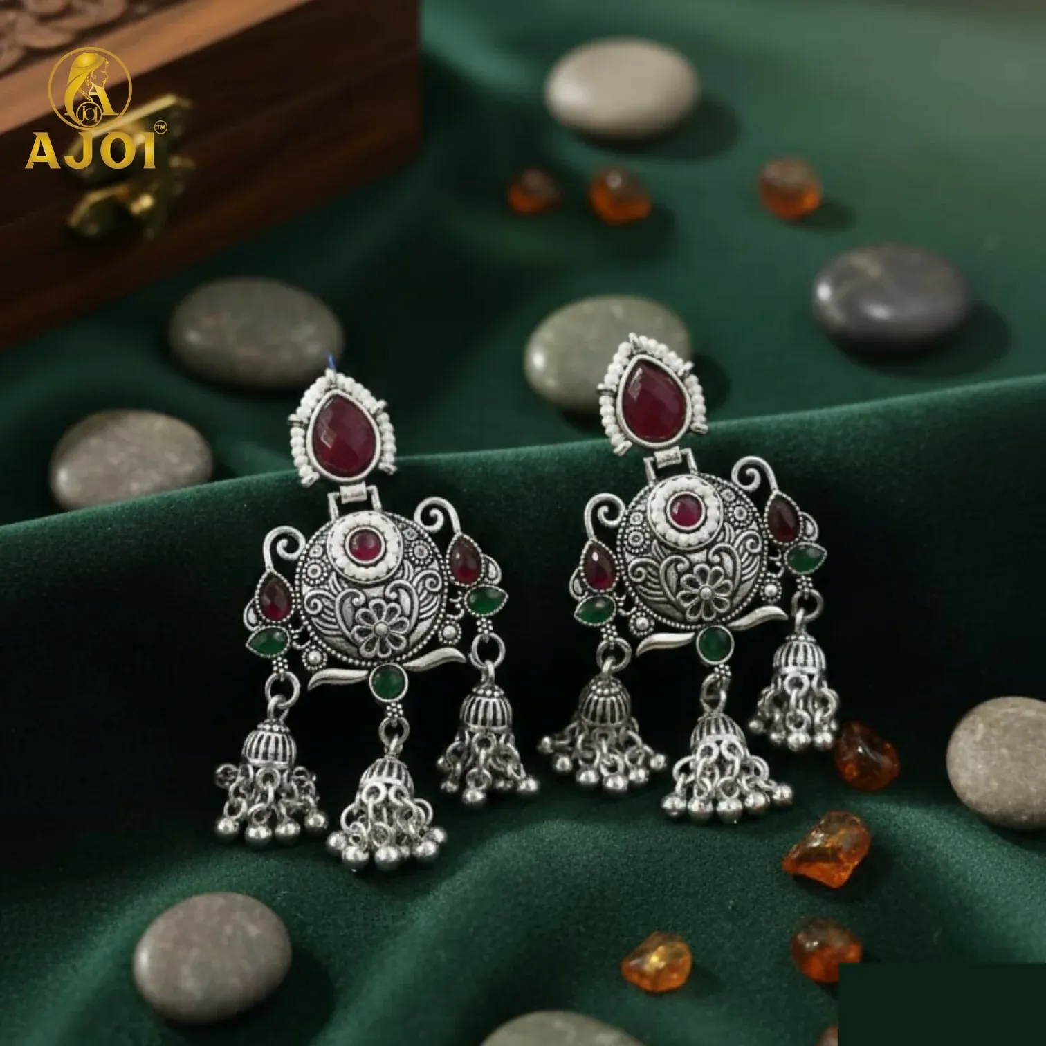 Premium Ruby Chandbali Earrings – Ethnic Designer Jhumka with Pearls - Buy Online at Alikart