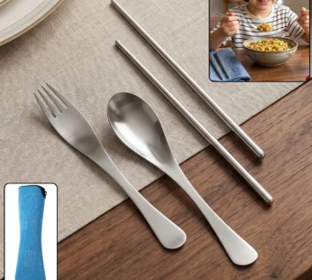 4-in-1 Portable Cutlery Set with Pouch, Steel Spoon Fork and Chopsticks (1 Set)
