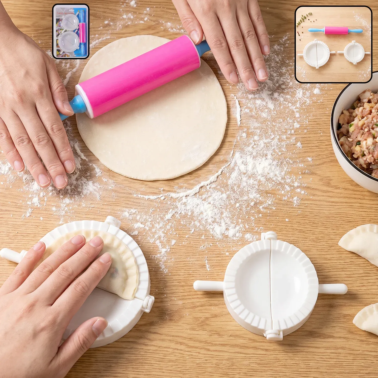 Premium Dumpling Maker Mould Set with Mini Rolling Pin for Momo and Gujiya (1 Set) - Buy Online at Alikart