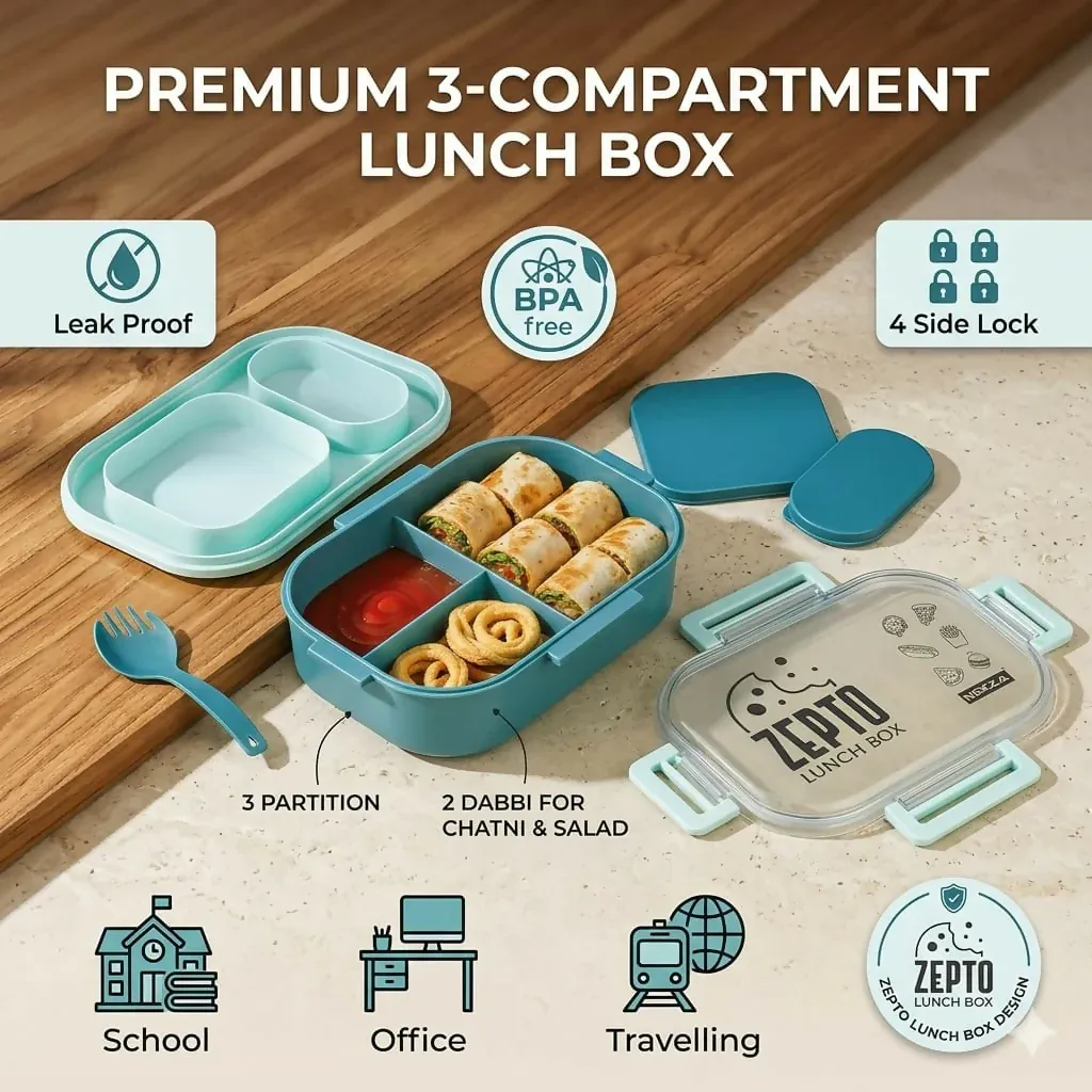 Bento Lunch Box – Leak-Proof 3-Compartment Meal Container with Spoon - Detailed Feature View 3