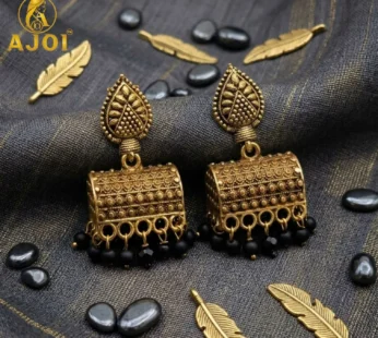 Jhumka Earrings – Elegant Leaf Motif with Black Bead Drops