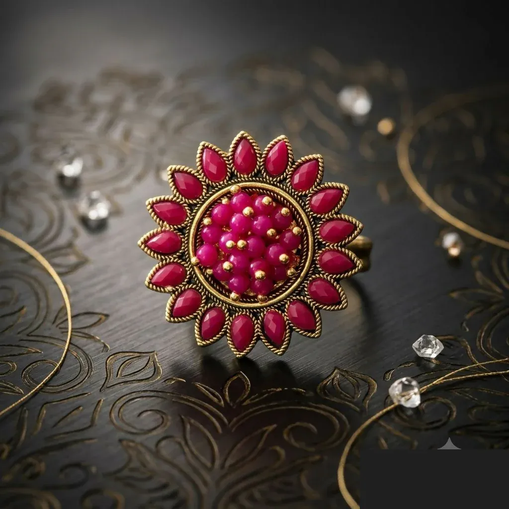 Elegant Pink Floral Statement Ring for Women | Vintage Gold Finish - Detailed Feature View 2