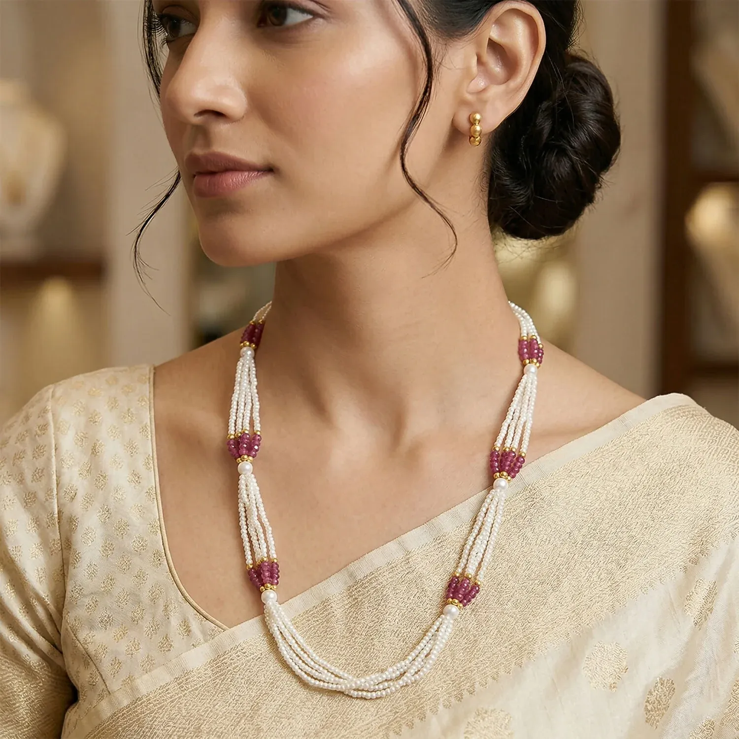 Beaded Mala Necklace – Elegant Multi-Strand with Pink Accents - Detailed Feature View 2