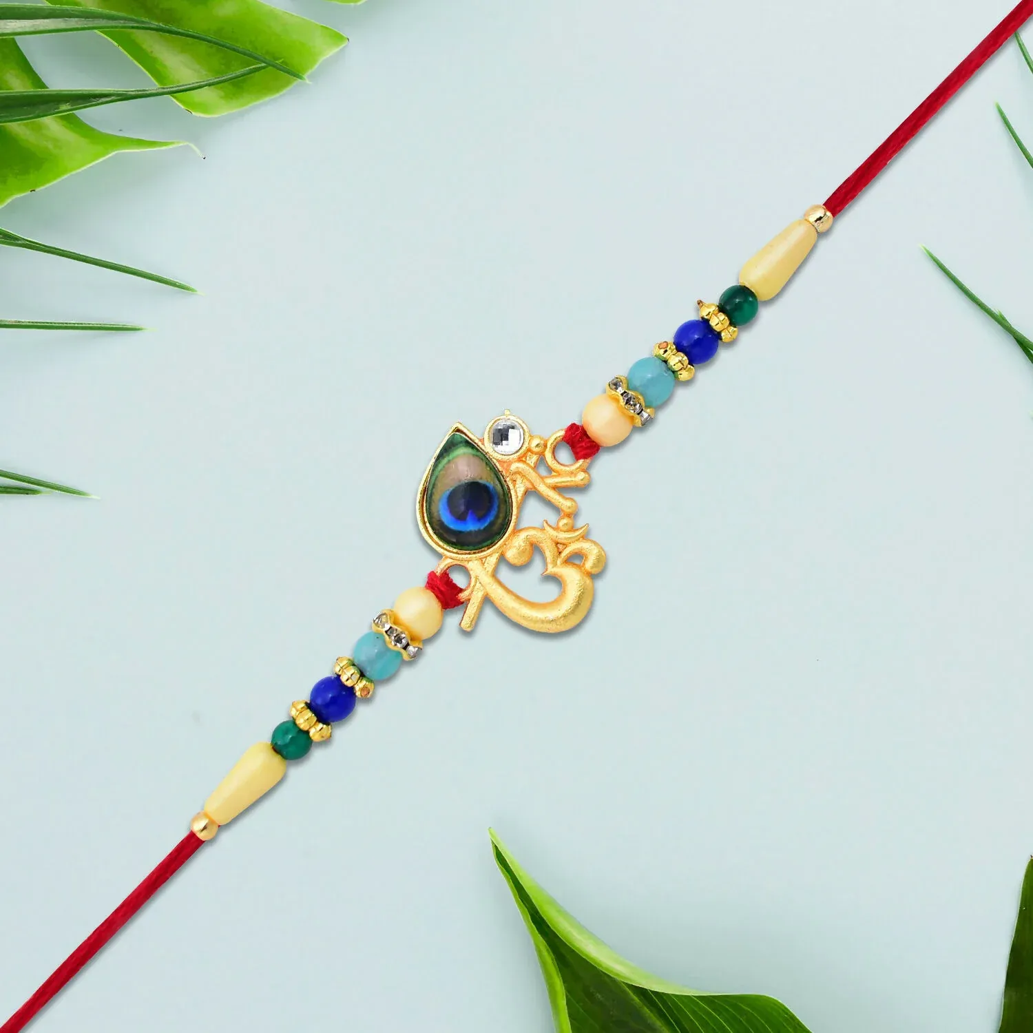 Peacock Feather Rakhi – Divine Multicolor Beads for Brother - Detailed Feature View 3
