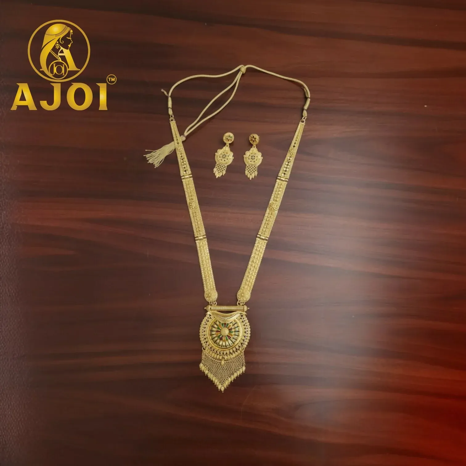 Royal Bloom Radiance Gold Tone Long Necklace Set – Elegant Festive Jewelry - Detailed Feature View 3